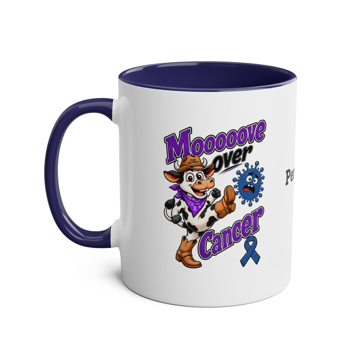 Moooove Over Cancer mug with purple interior and handle, colorful cow design, and awareness ribbon