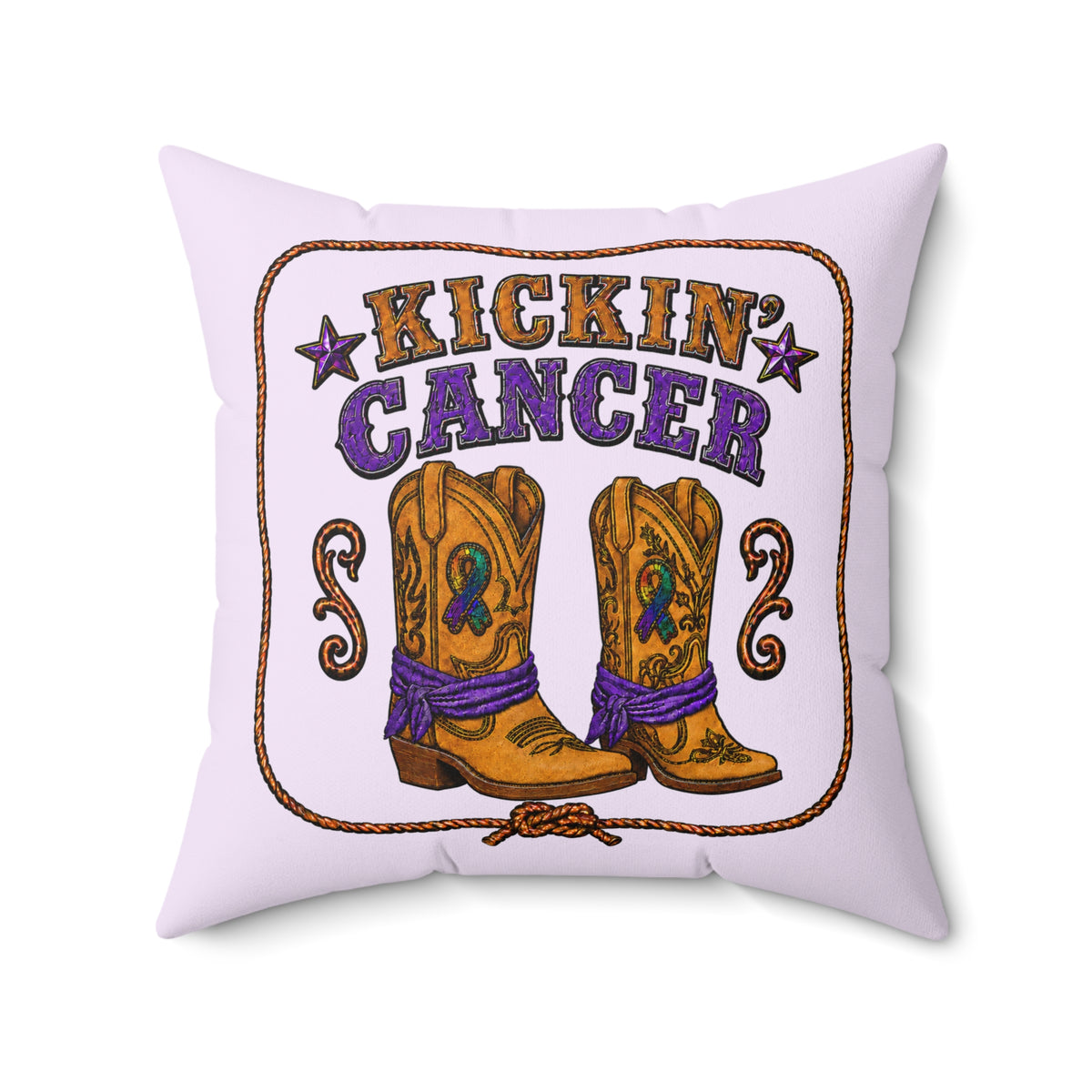 Lavender Kickin' Cancer throw pillow with cowboy boot and awareness ribbon artwork, 20-inch square