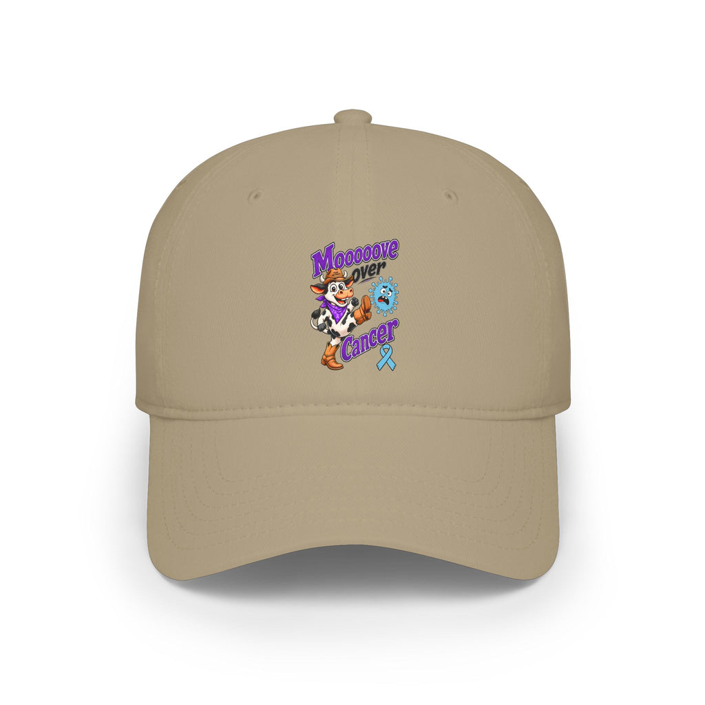 Khaki Moooove Over Cancer low-profile baseball hat with colorful front artwork