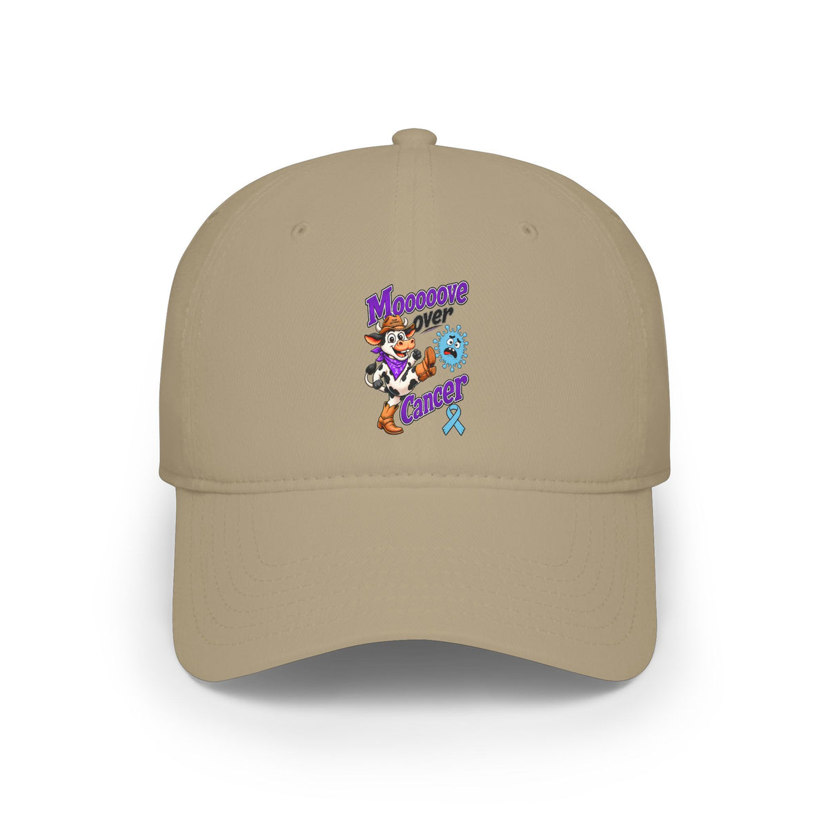 Khaki Moooove Over Cancer low-profile baseball hat with colorful front artwork