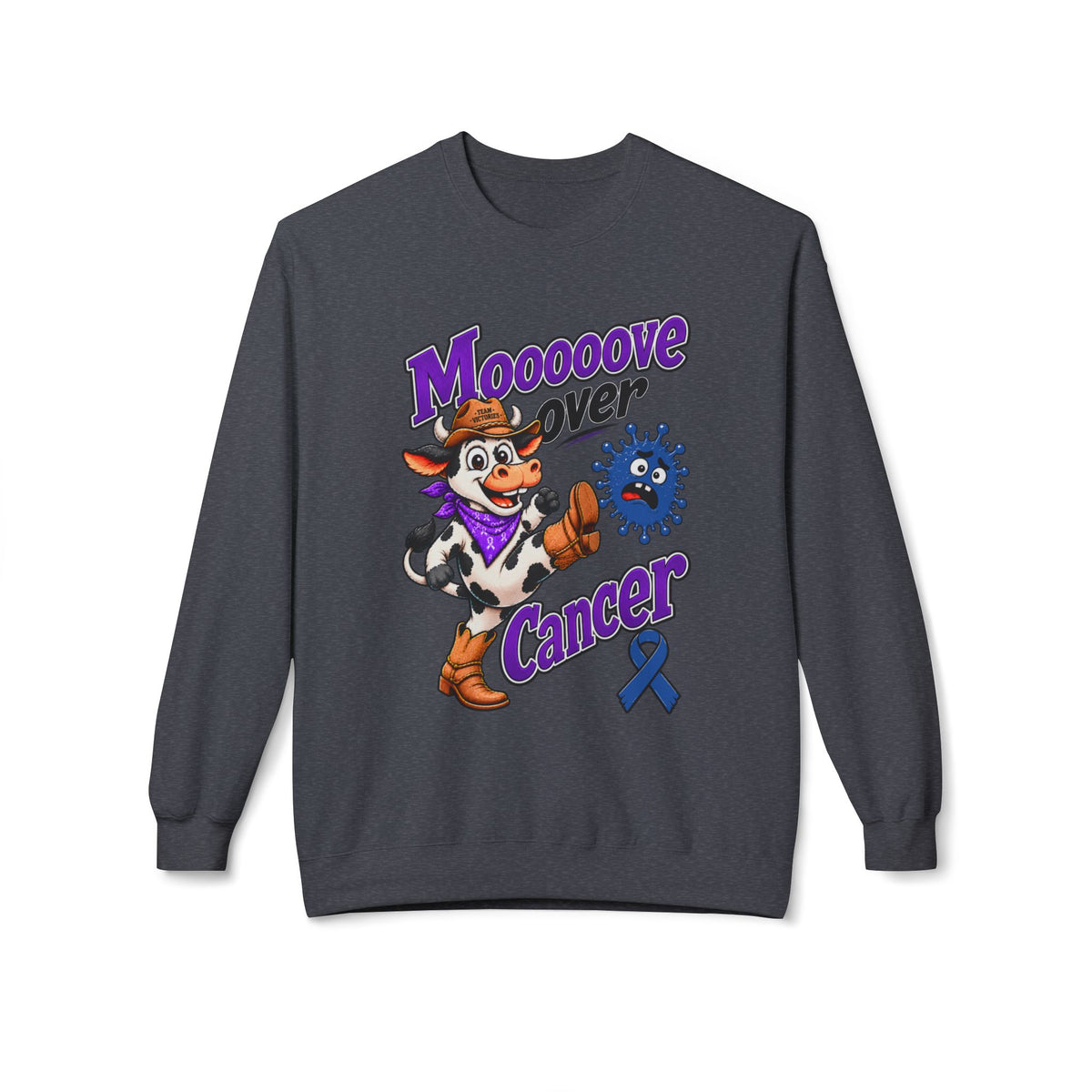Gray Moooove Over Cancer sweatshirt featuring Colon Cancer awareness ribbon design