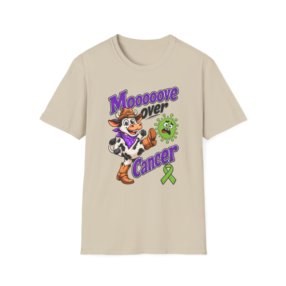Moooove Over Cancer tee in beige with Western cowgirl graphic and awareness ribbon
