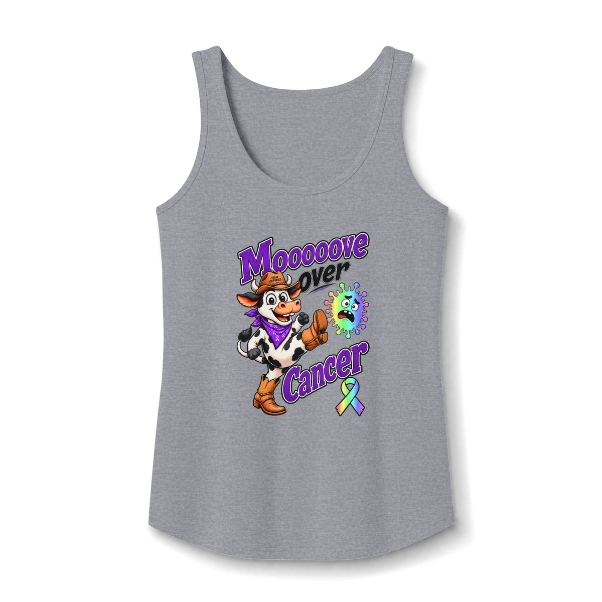 Heather gray Moooove Over Cancer tank top with all-cancer awareness ribbon design