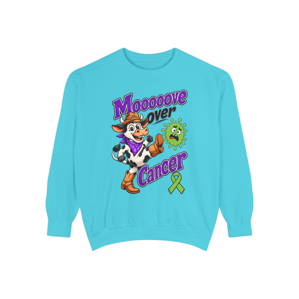 Bright turquoise Moooove Over Cancer crewneck sweatshirt with cowboy design