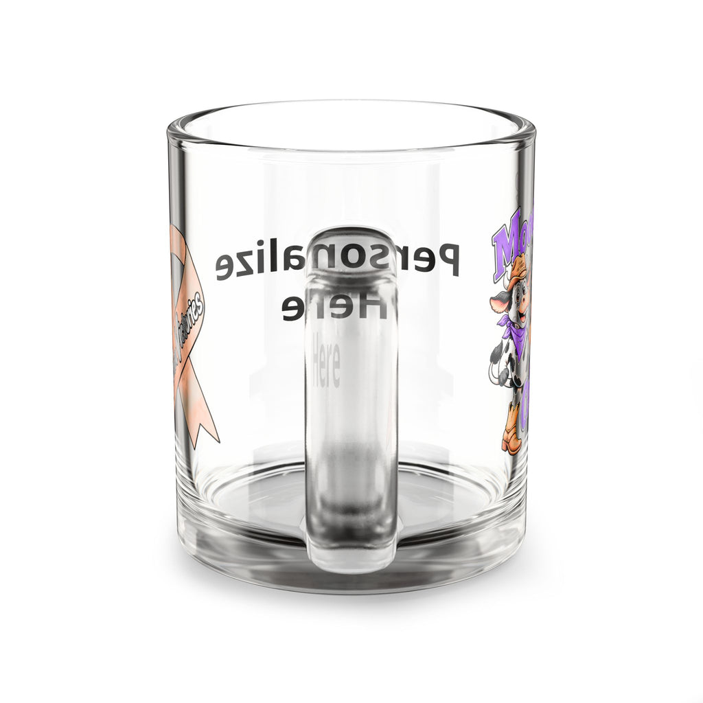 Rear view of the clear Moooove Over Cancer glass mug with handle and customization area