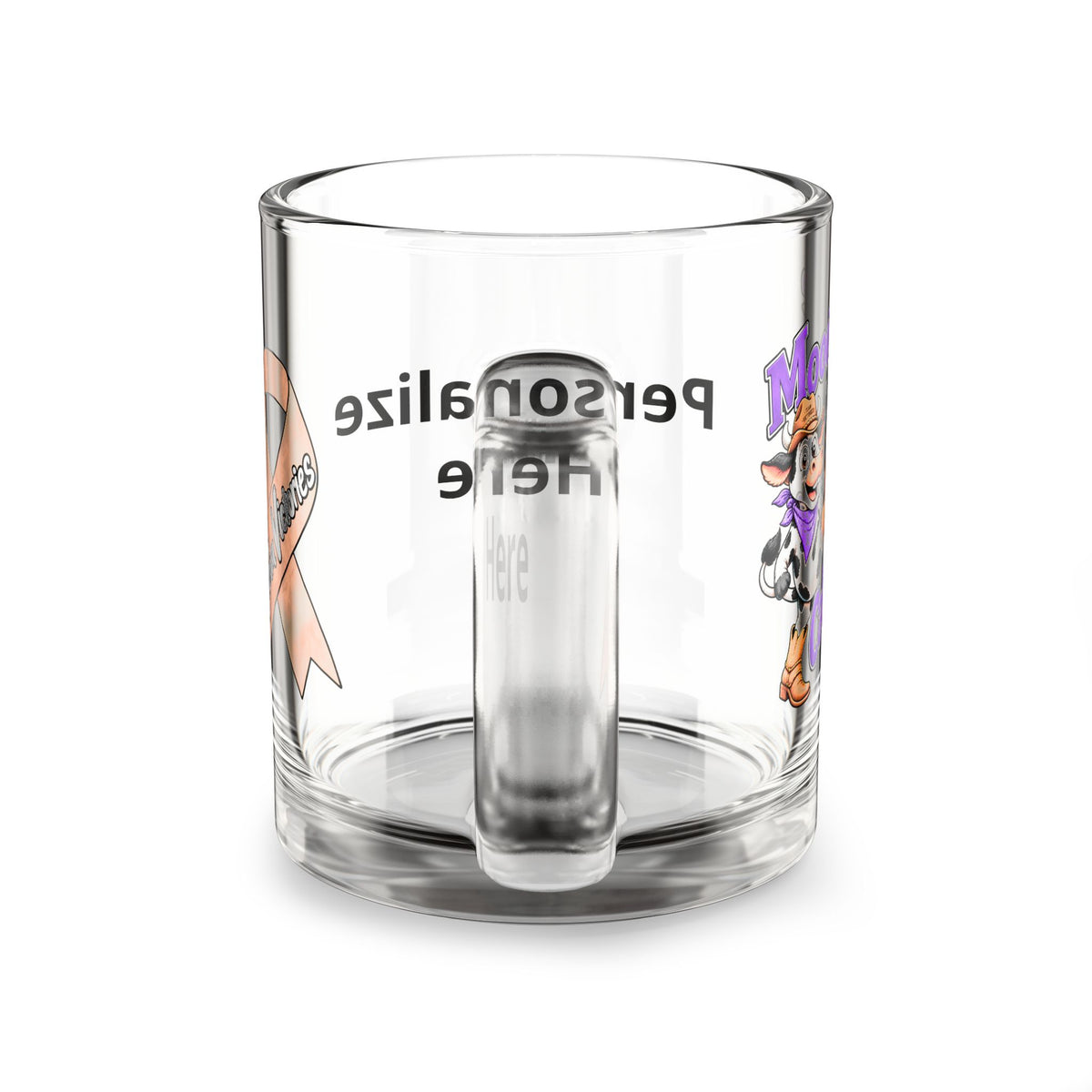 Rear view of the clear Moooove Over Cancer glass mug with handle and customization area