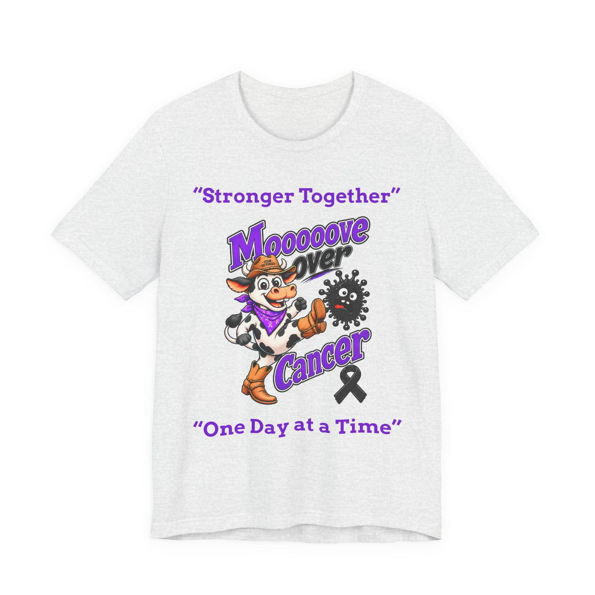 Moooove Over Cancer heather gray T-shirt with Western cow cancer-support artwork
