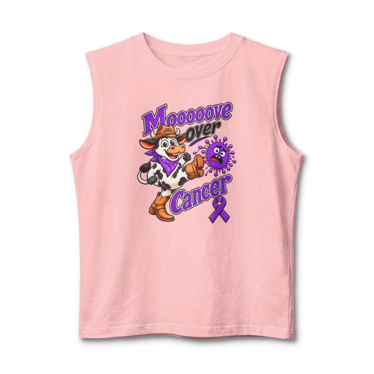 Pink Moooove Over Cancer tank top with Pancreatic Cancer awareness ribbon graphic