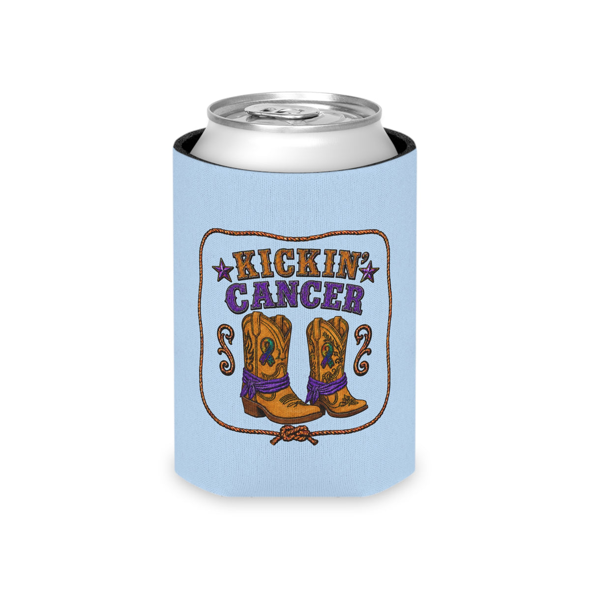 Light blue Kickin' Cancer regular can cooler with western boot artwork around a can