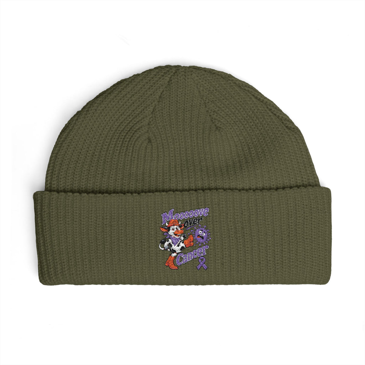 Dark olive Moooove Over Cancer embroidered cuff beanie