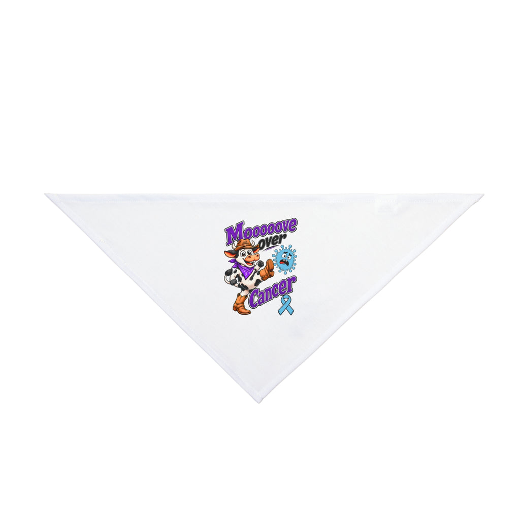Moooove Over Cancer pet bandana with a light blue Prostate Cancer awareness ribbon