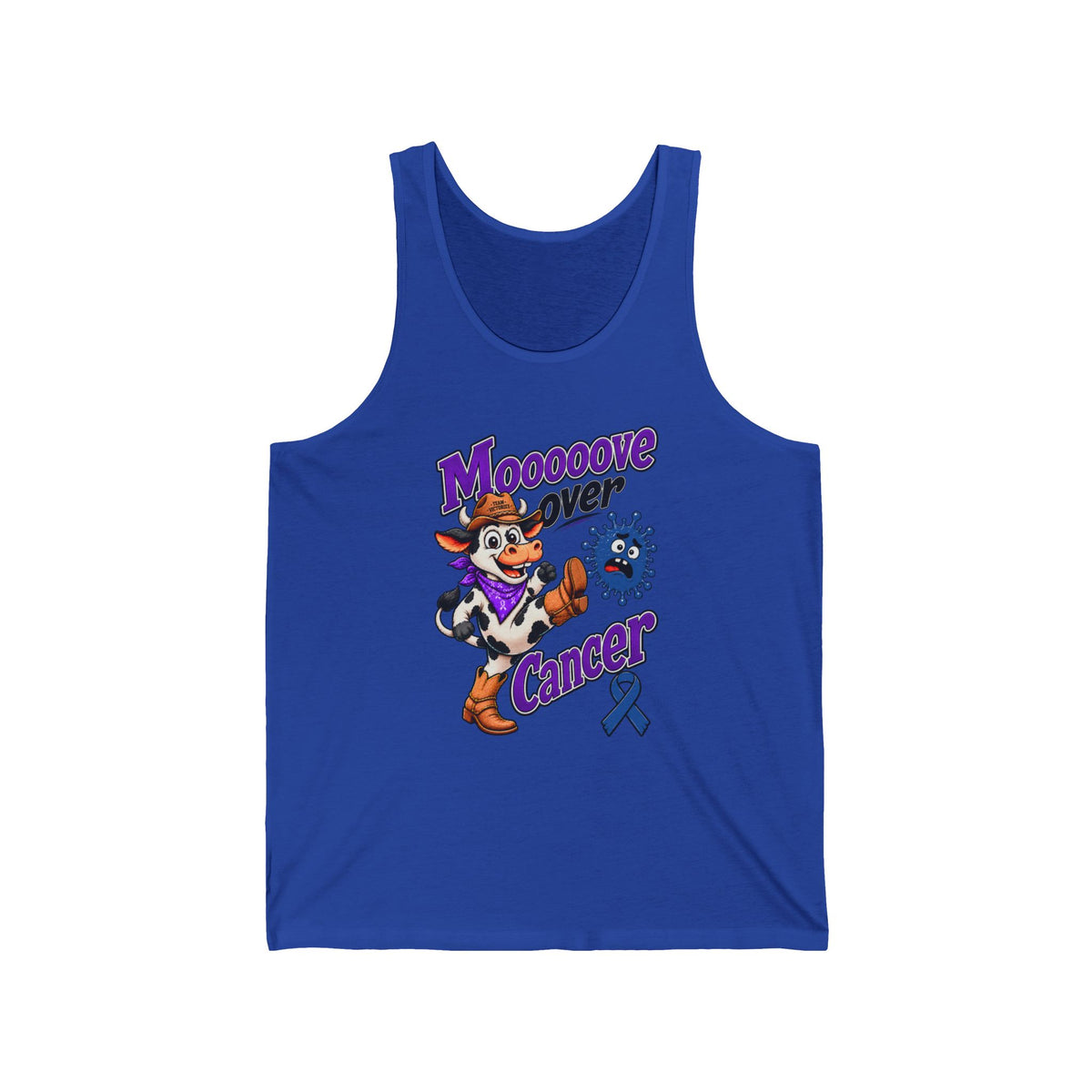 Blue Moooove Over Cancer tank top with cow artwork and Colon Cancer awareness ribbon