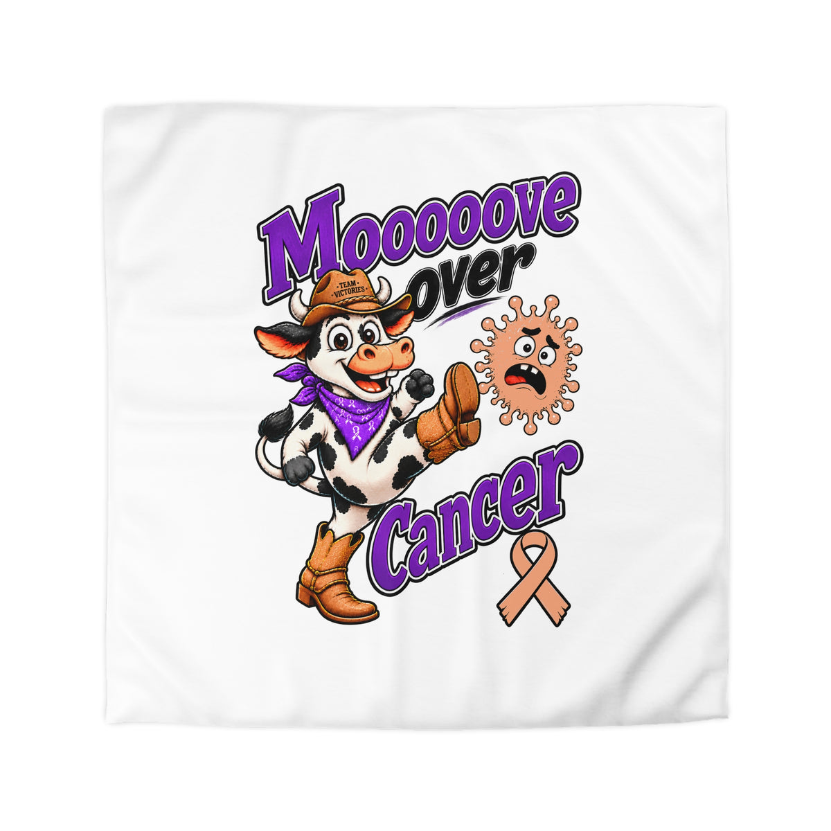 White Moooove Over Cancer duvet cover featuring a playful cow and peach Uterine Cancer awareness ribbon