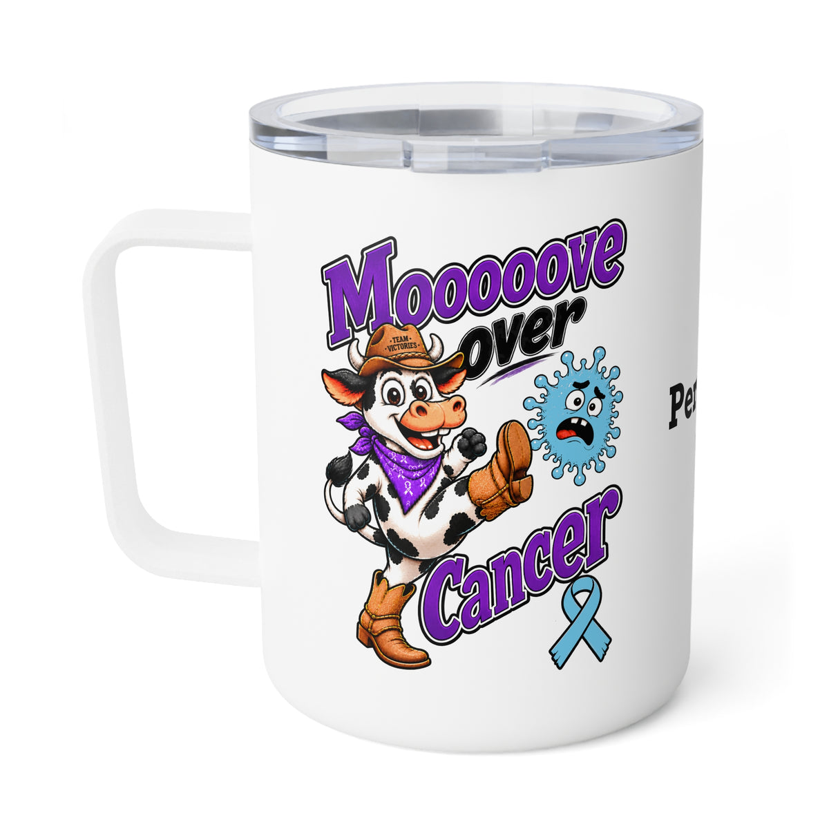 Moooove Over Cancer 10 oz mug with cow artwork, blue ribbon, and clear lid