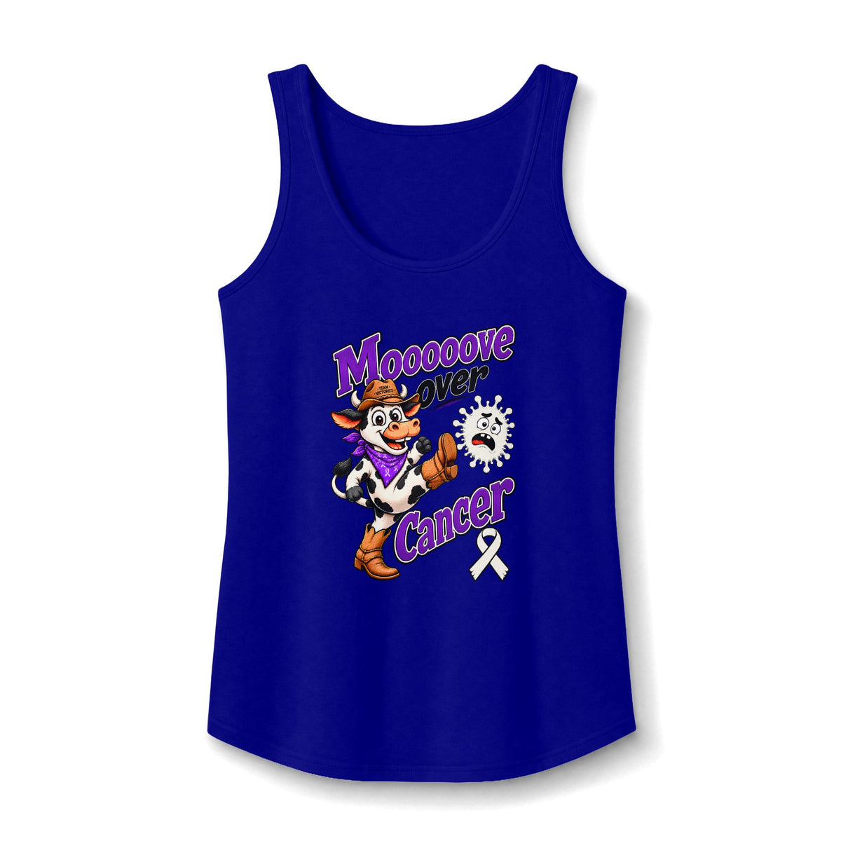 Moooove Over Cancer royal blue tank top with Lung Cancer awareness ribbon graphic