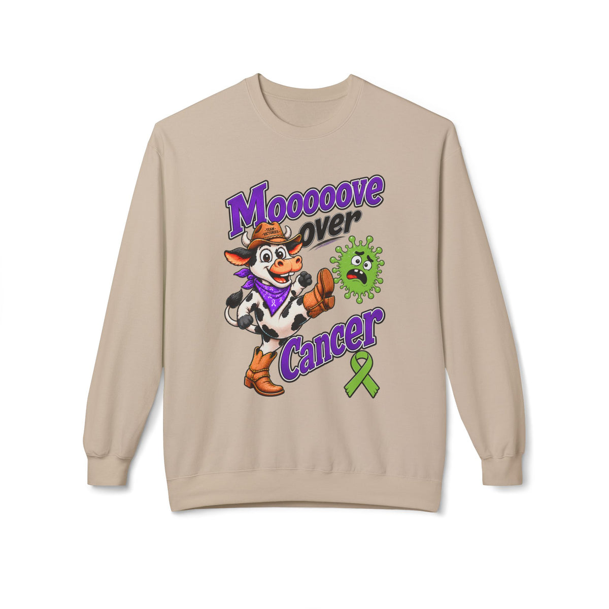 Woman wearing Moooove Over Cancer crewneck with Non-Hodgkin/Lymphoma Cancer awareness ribbon