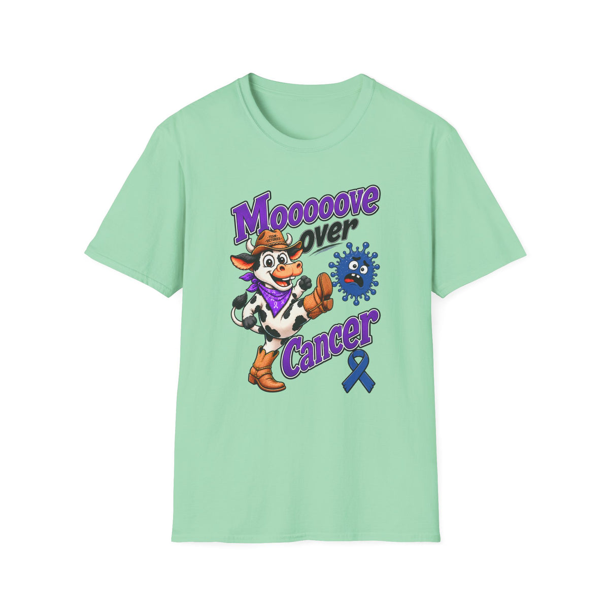 Moooove Over Cancer T-shirt in mint green with cowgirl artwork and Colon Cancer awareness design