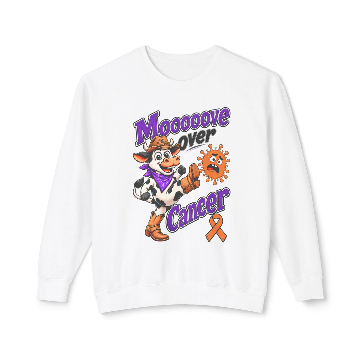 Moooove Over Cancer crewneck sweatshirt with cow graphic and Leukemia/Kidney Cancer awareness ribbon