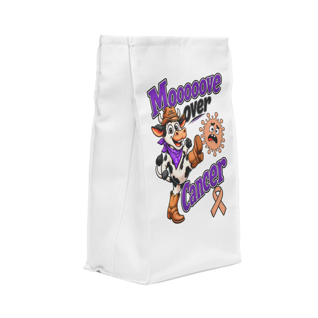 Side view of the Moooove Over Cancer insulated polyester lunch bag