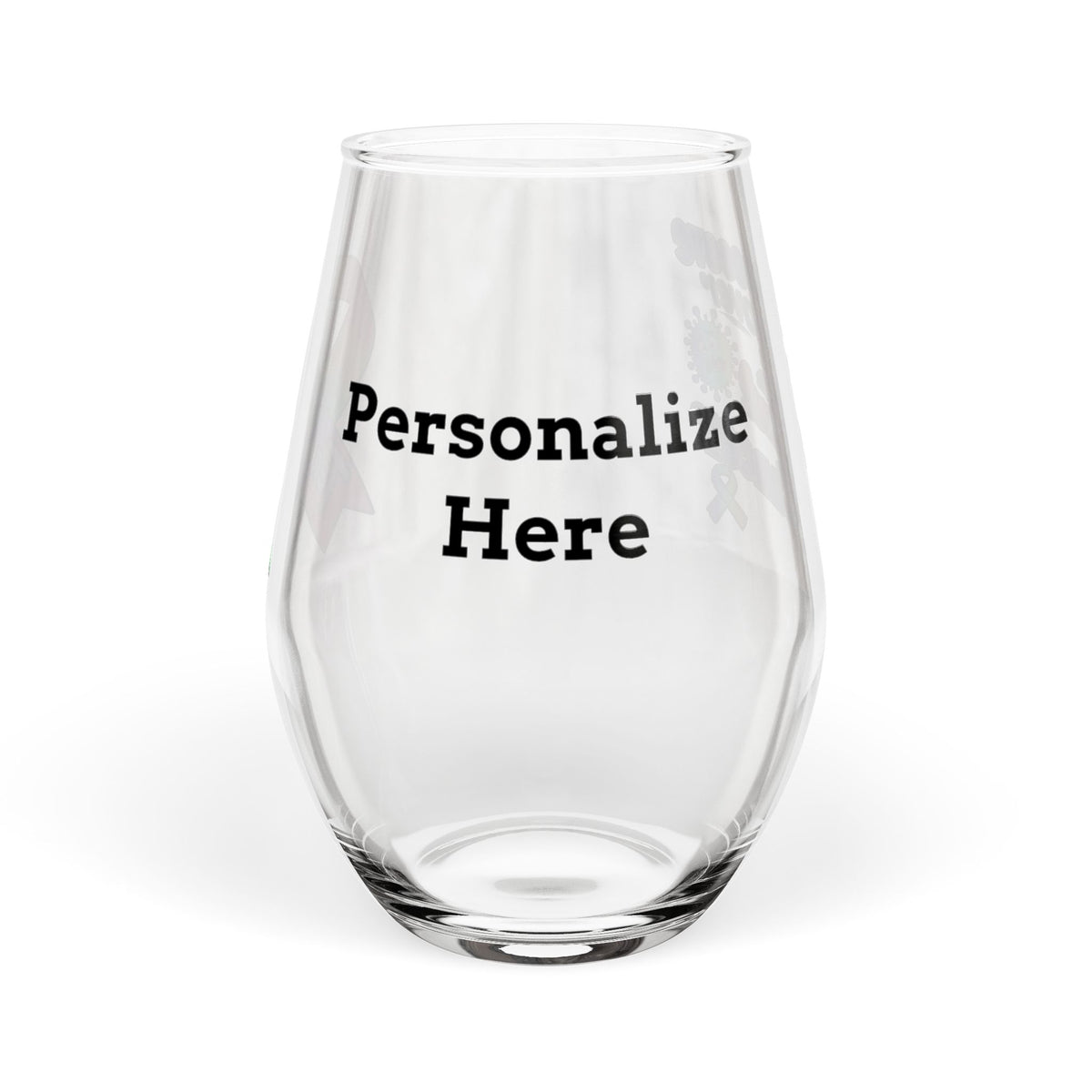 Personalized name option shown on a clear Moooove Over Cancer stemless wine glass