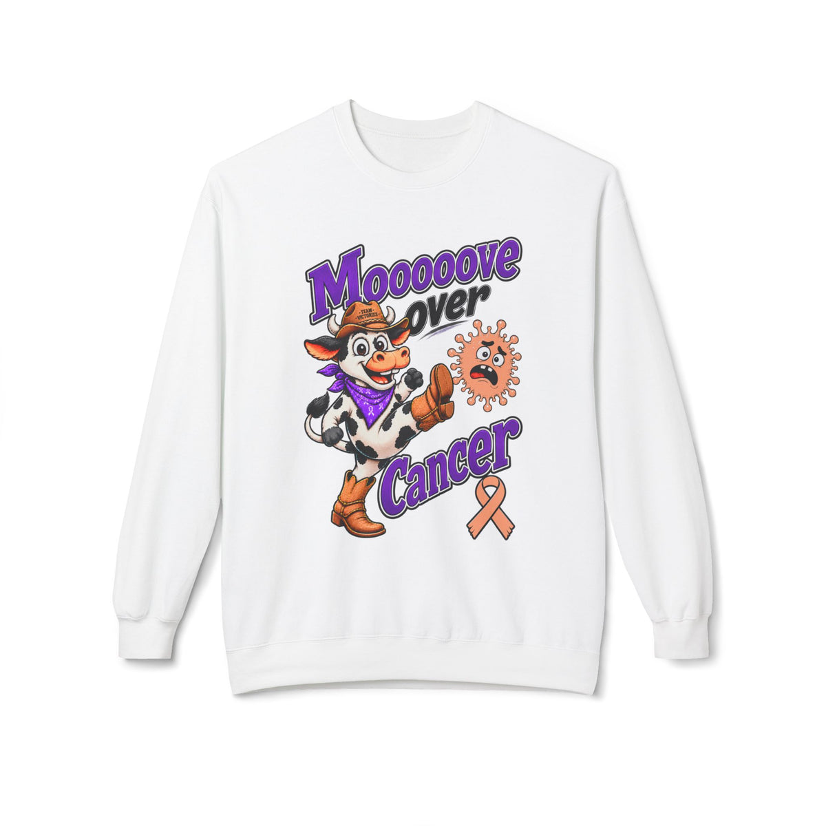 Moooove Over Cancer crewneck sweatshirt with Uterine Cancer awareness ribbon, front view in white
