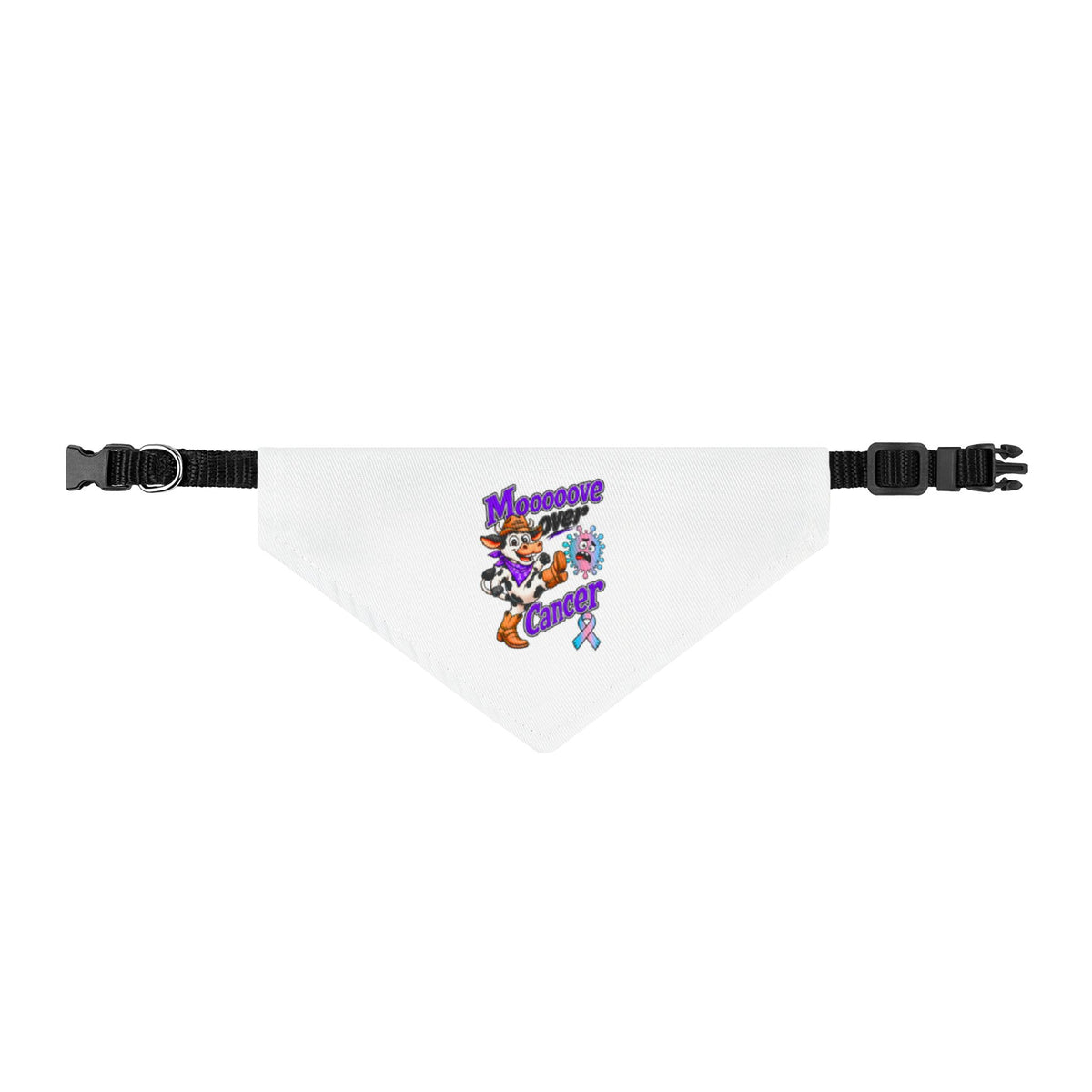 Moooove Over Cancer white clip-on pet bandana for dogs and cats, front view