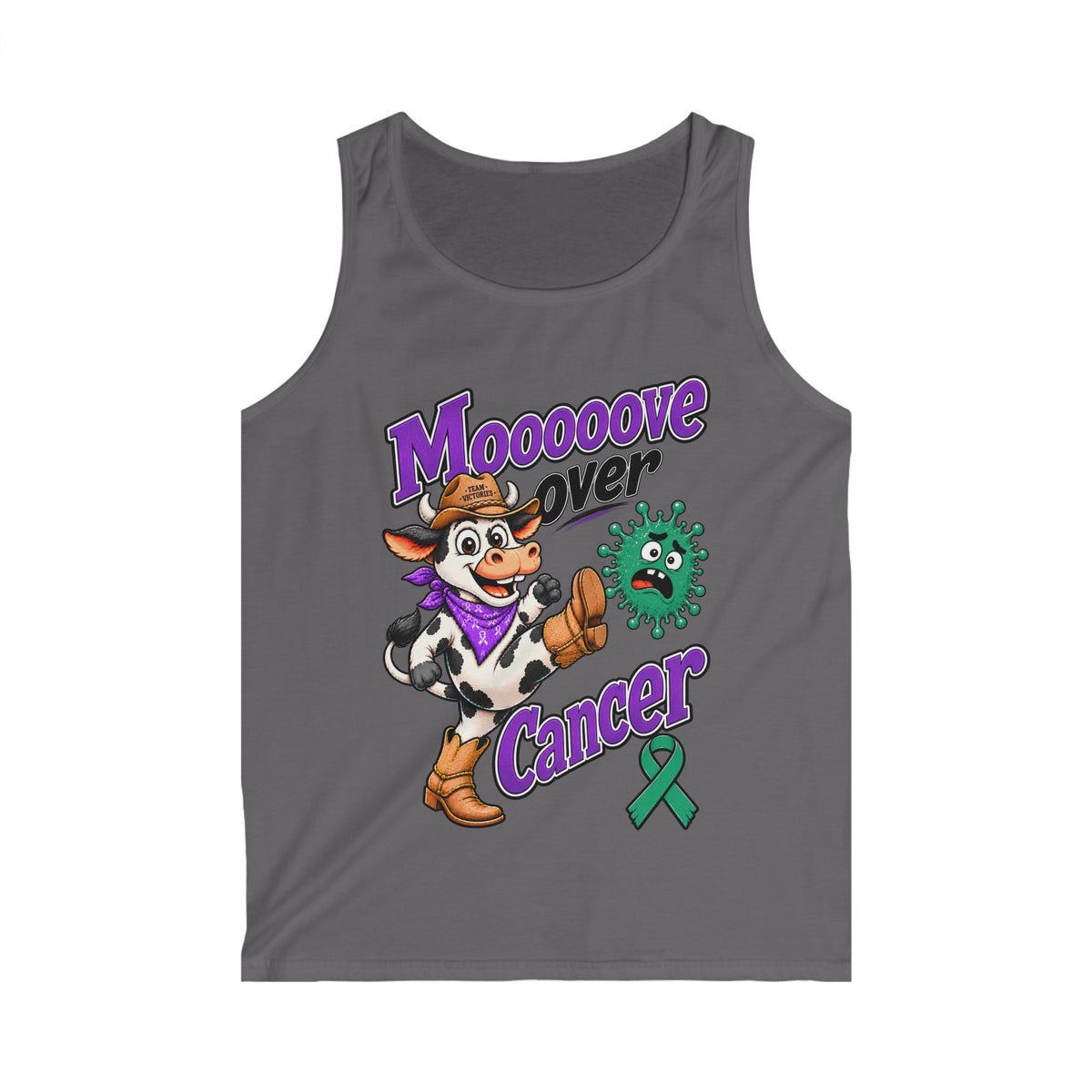 Dark gray Moooove Over Cancer tank top with cow artwork and green ribbon