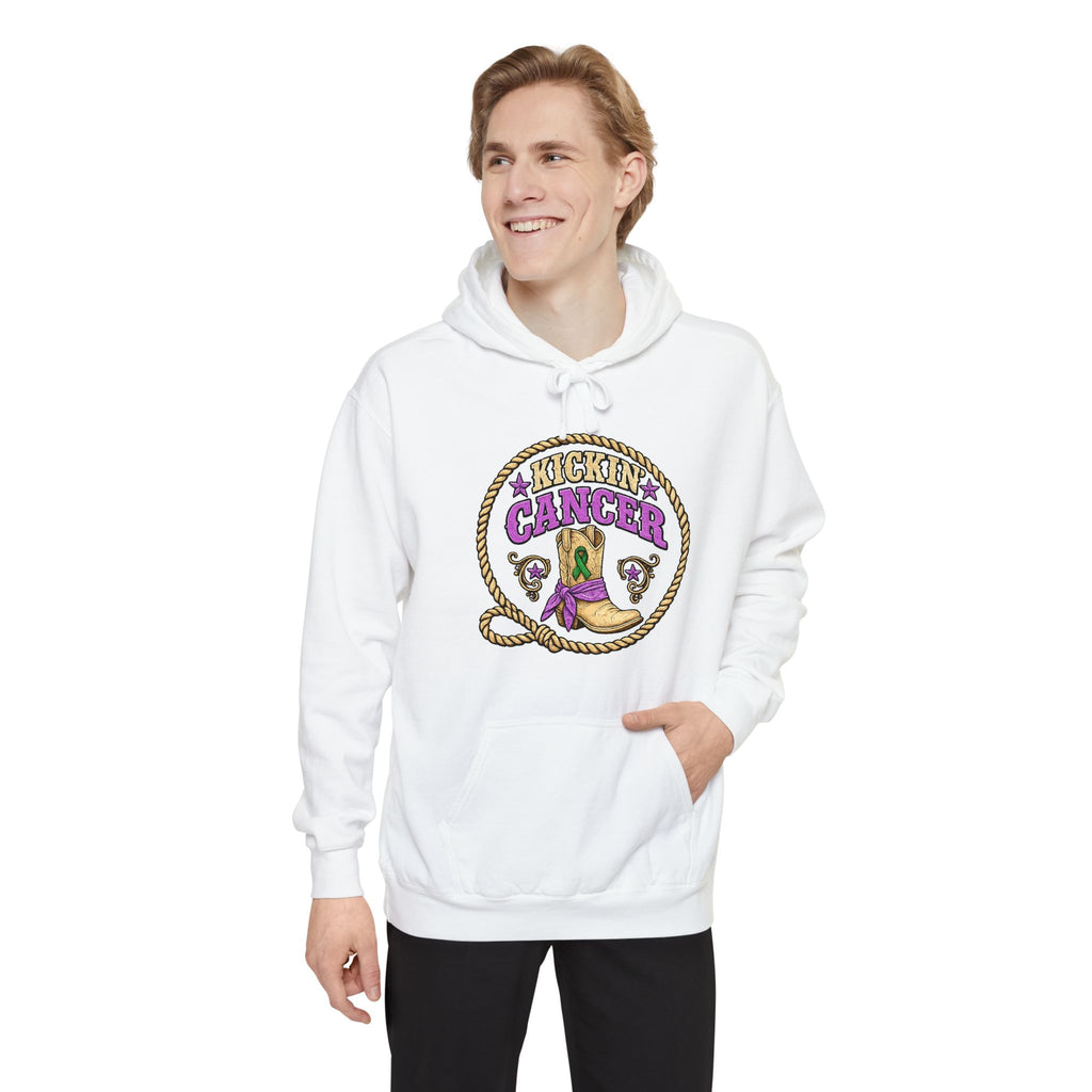 Model wearing the white western-inspired Cancer hoodie with hands in the kangaroo pocket