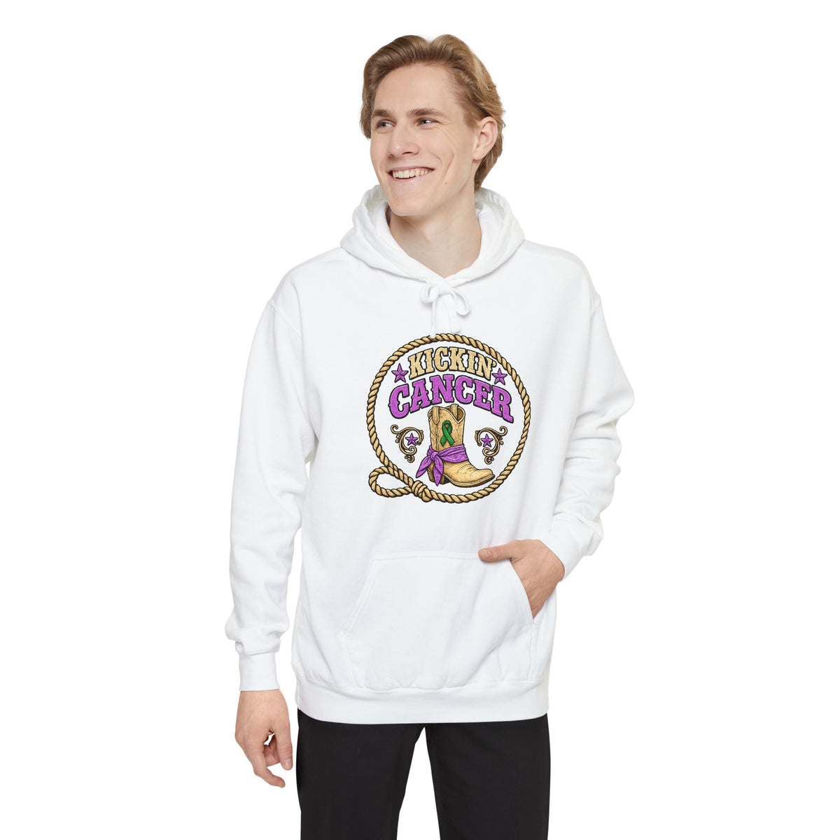 Model wearing the white western-inspired Cancer hoodie with hands in the kangaroo pocket