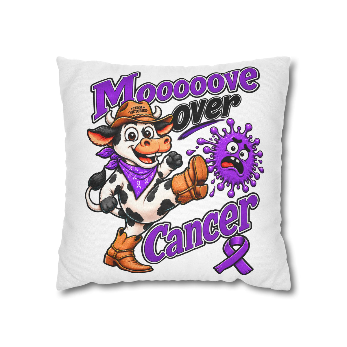 Front view of Moooove Over Cancer pillowcase with Team Victories Pancreatic Cancer awareness design