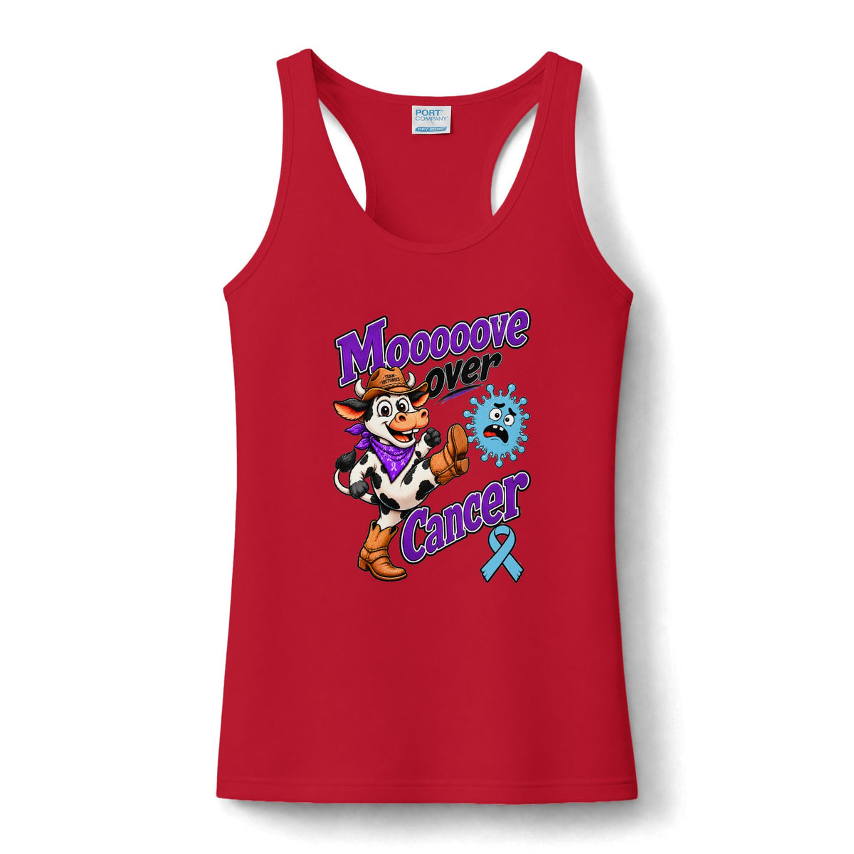 Moooove Over Cancer women's red tank top with cowgirl graphic and Prostate Cancer awareness ribbon