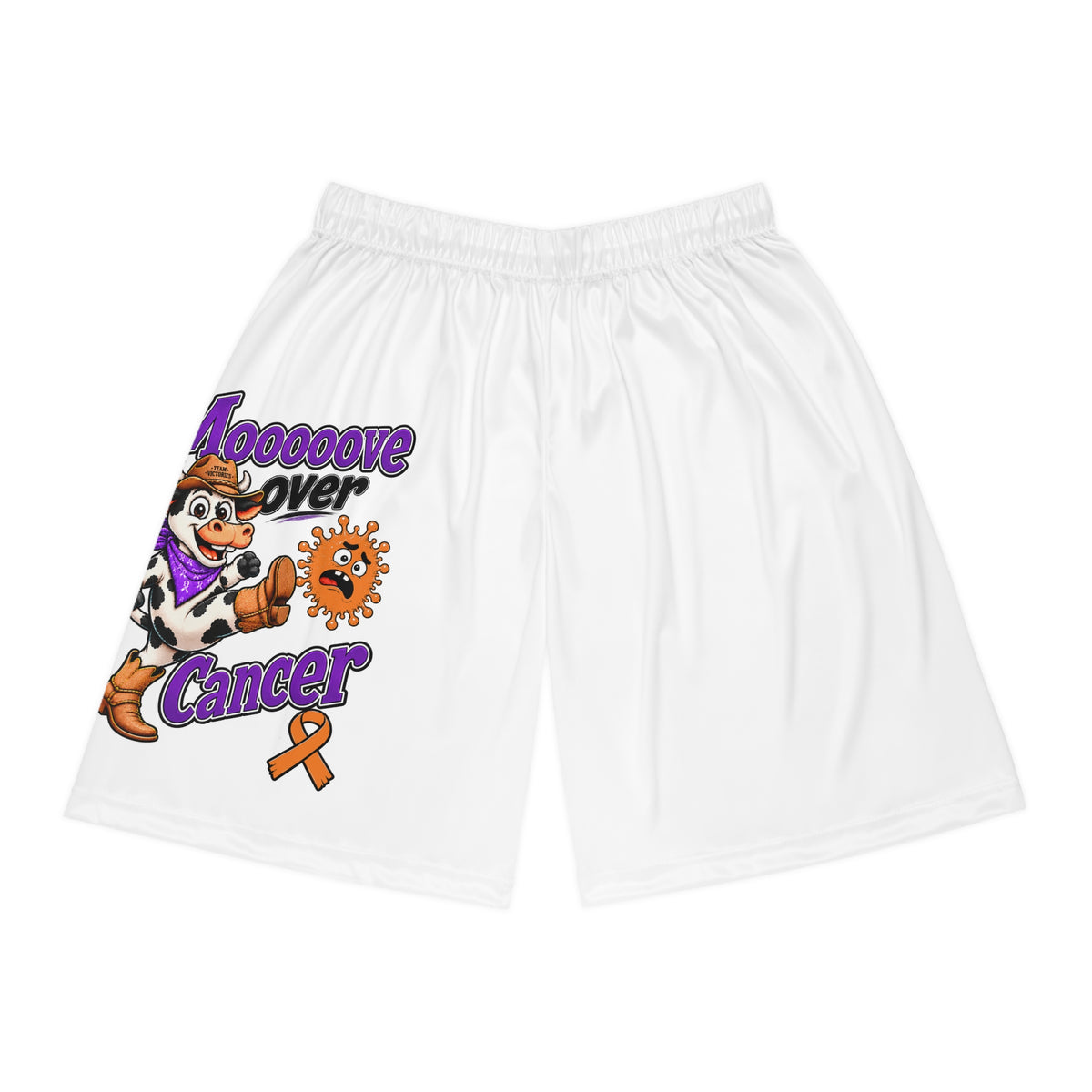 Moooove Over Cancer basketball shorts with colorful cow artwork and orange awareness ribbon