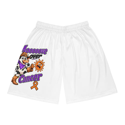 Moooove Over Cancer basketball shorts with colorful cow artwork and orange awareness ribbon