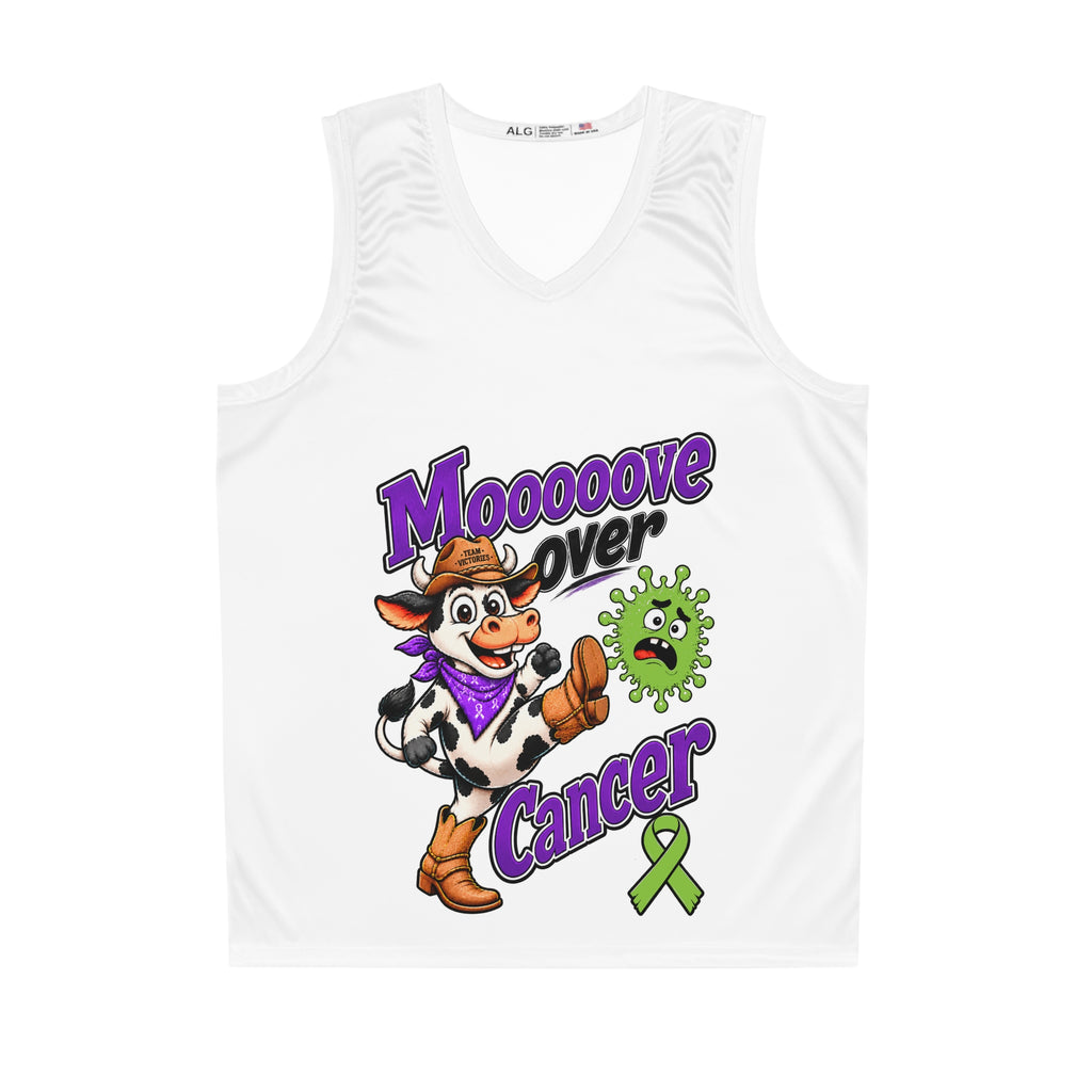 Moooove Over Cancer basketball jersey with cow, basketball, and green awareness ribbon