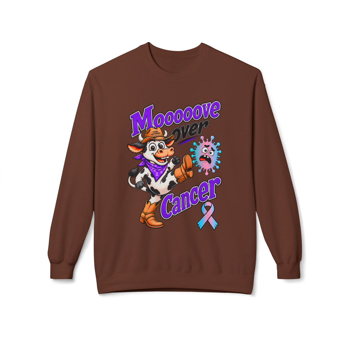 Model wearing Moooove Over Cancer white sweatshirt with Thyroid Cancer awareness ribbon