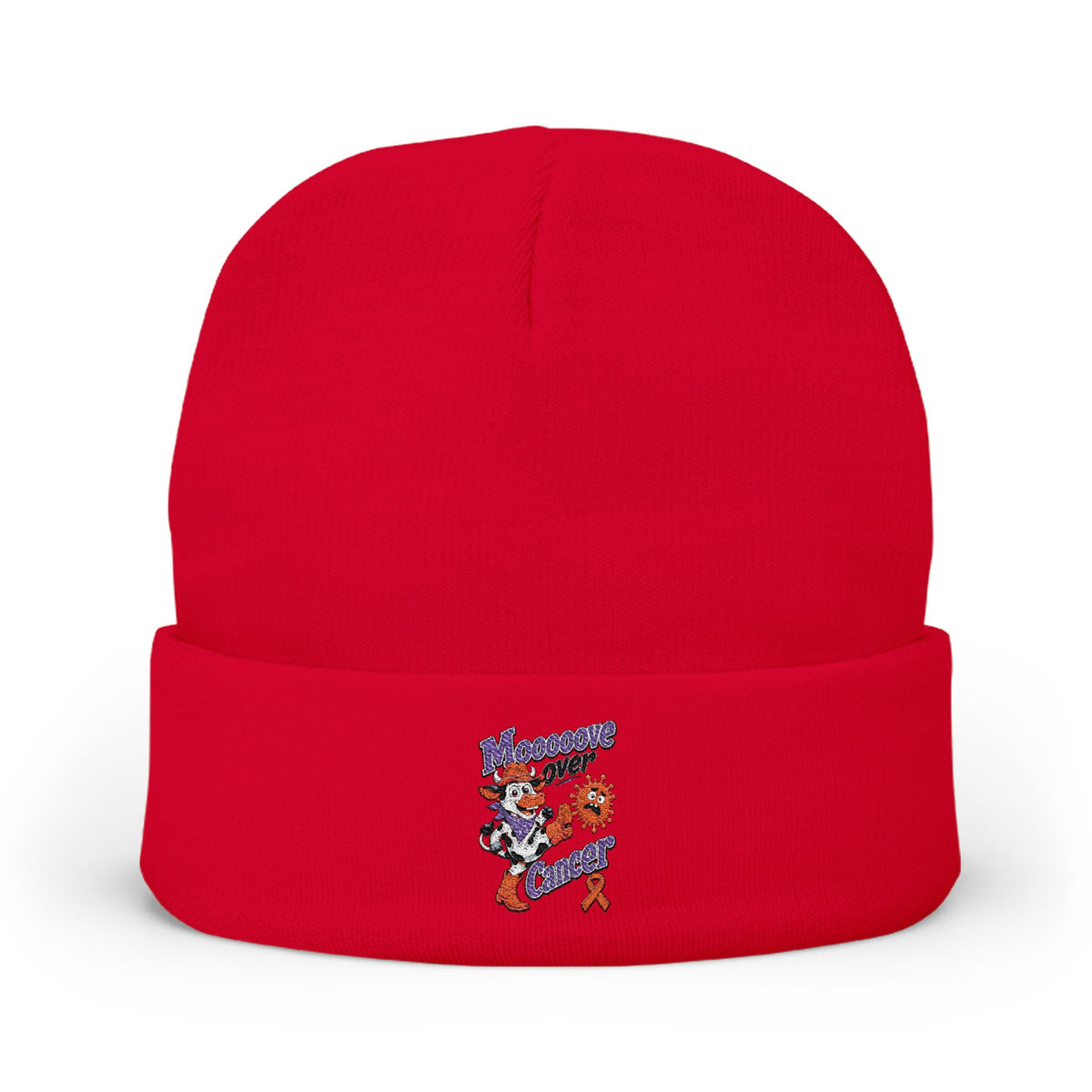 Red Moooove Over Cancer embroidered beanie with colorful awareness ribbon design