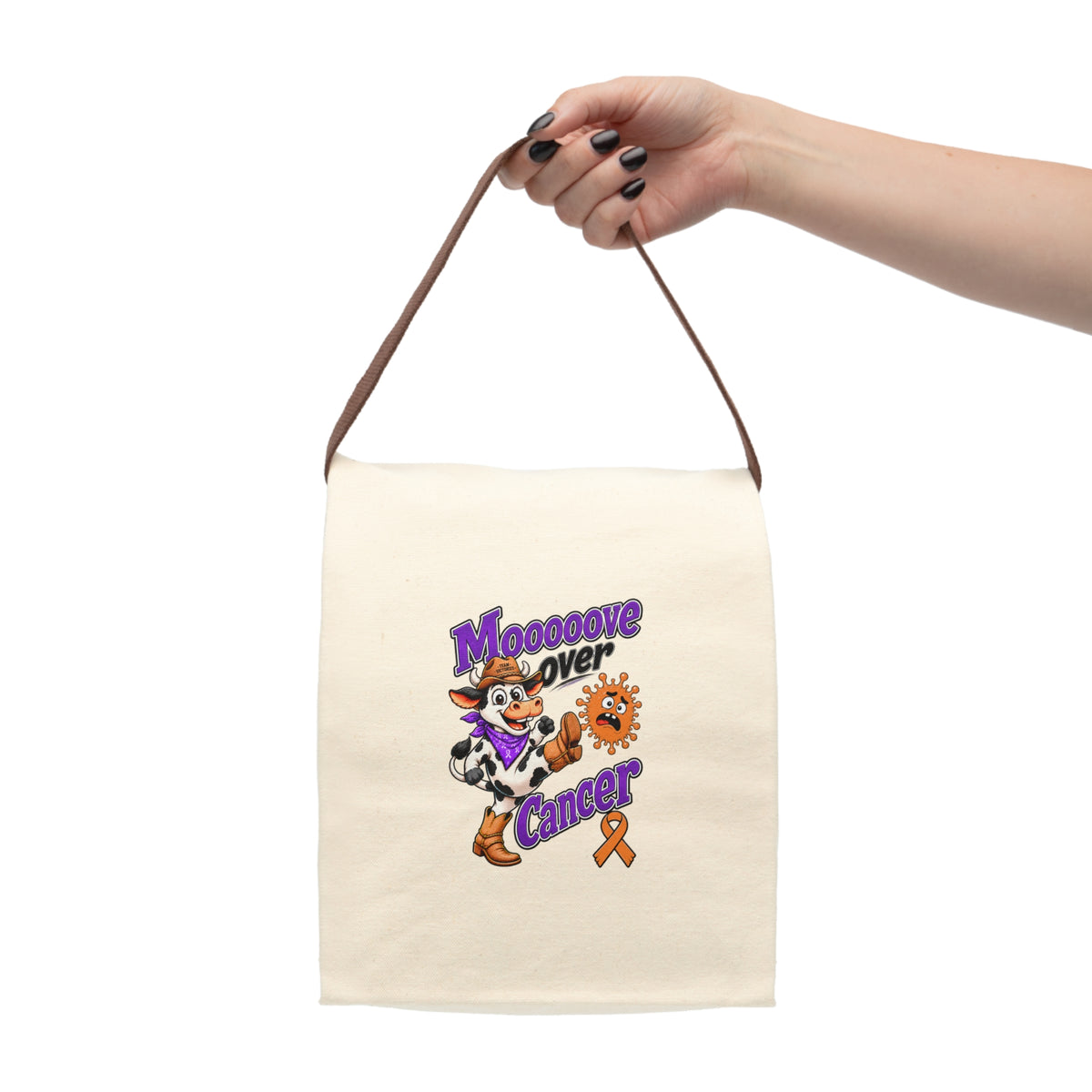 Moooove Over Cancer lunch bag lifted by its strap, showing the colorful printed design