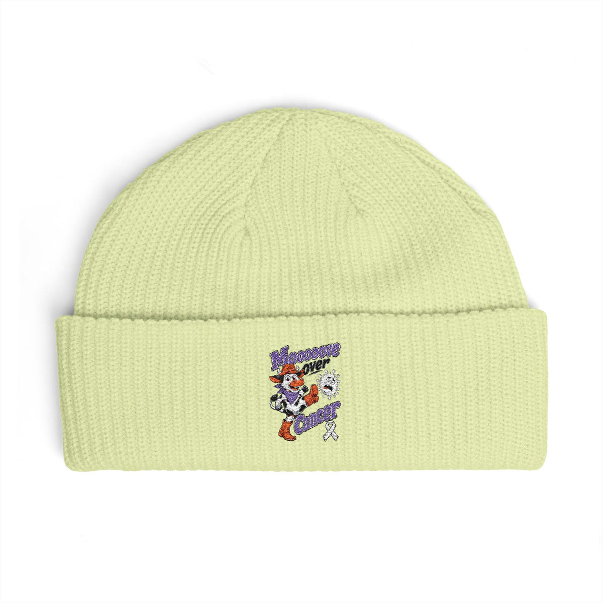 Moooove Over Cancer embroidered cuff beanie in pale yellow with front ribbon artwork
