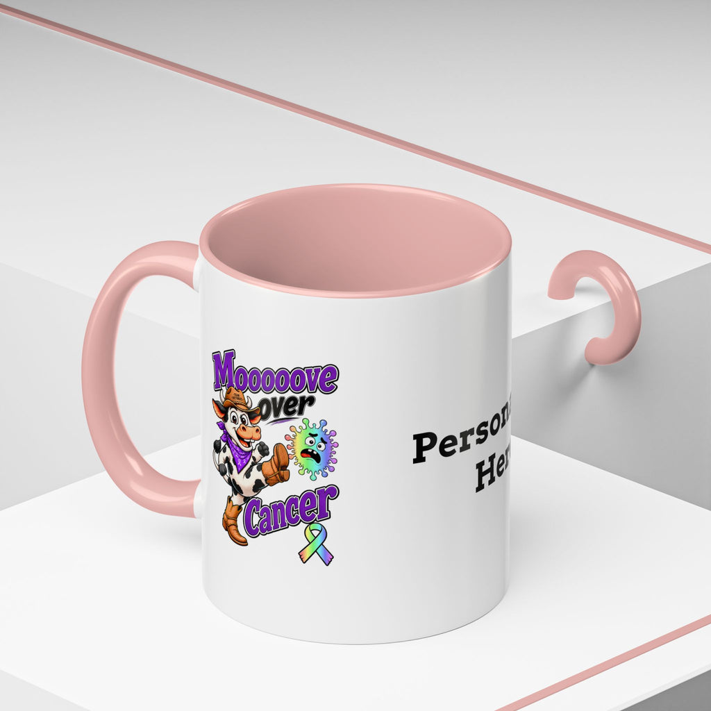 Moooove Over Cancer mug with red accent handle and Team Victories all-cancer awareness ribbon