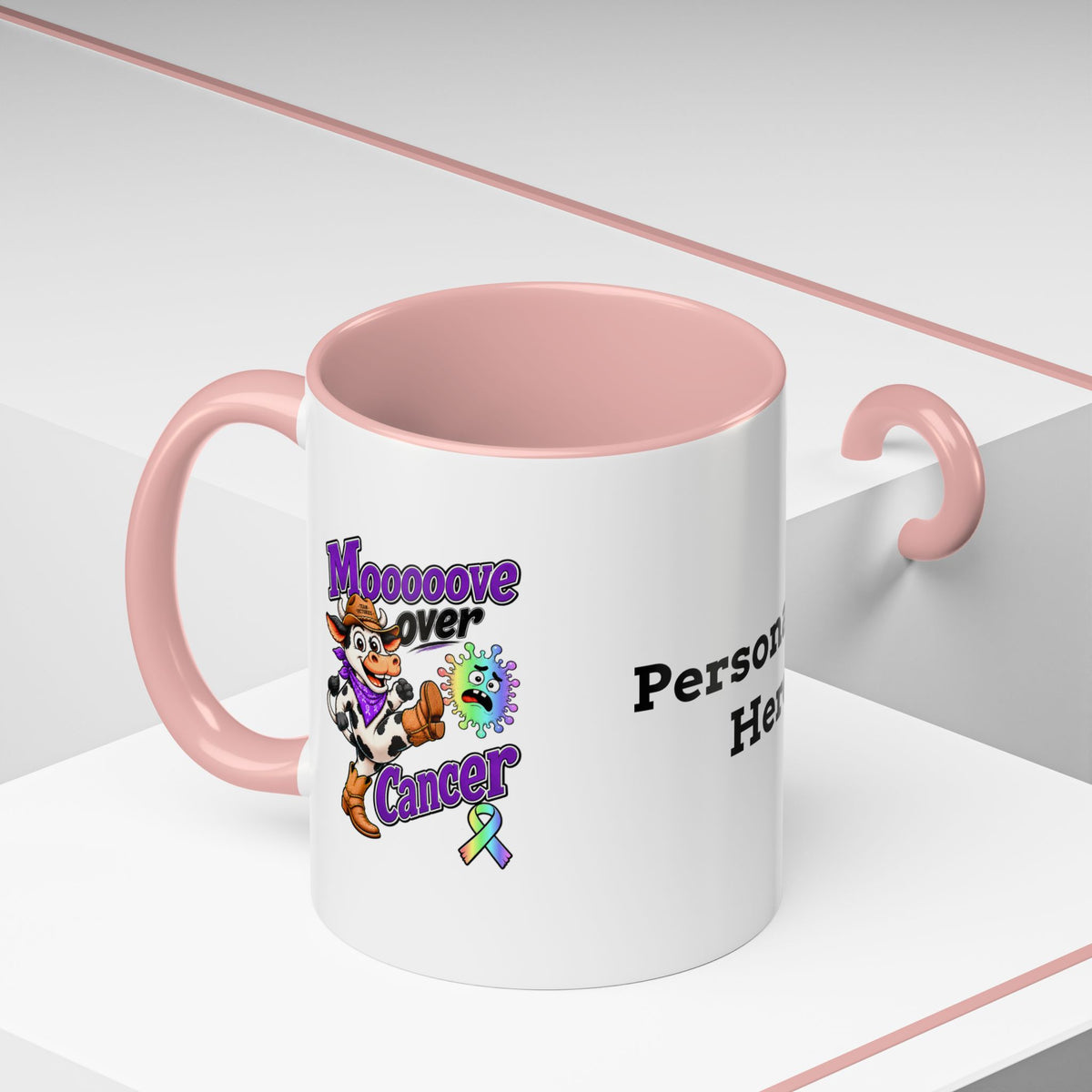 Moooove Over Cancer mug with red accent handle and Team Victories all-cancer awareness ribbon