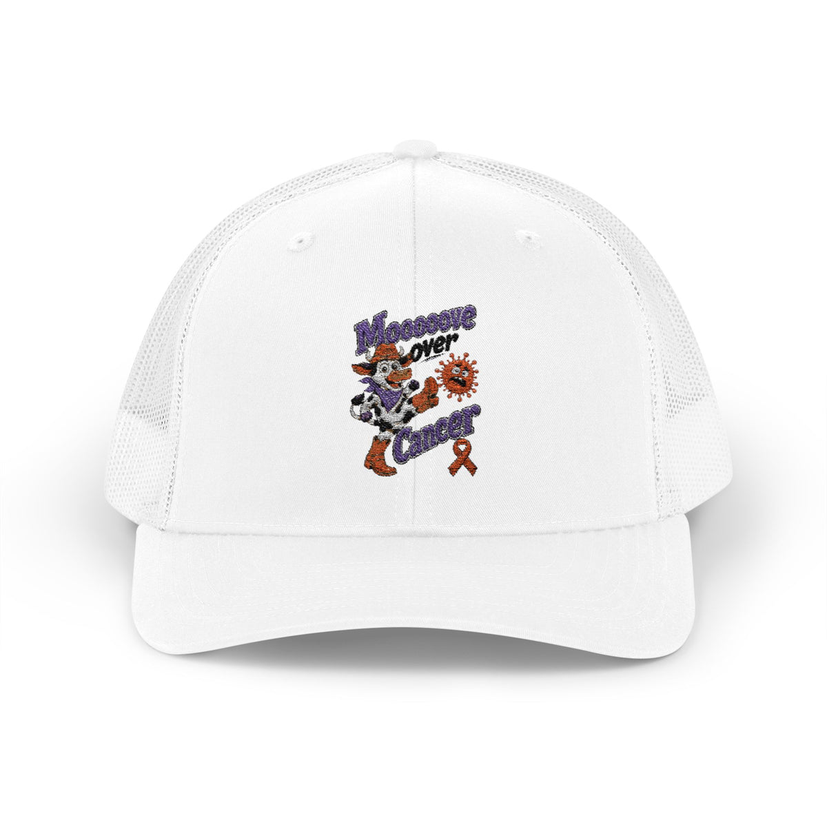 Person wearing the Moooove Over Cancer Breast Cancer awareness trucker hat