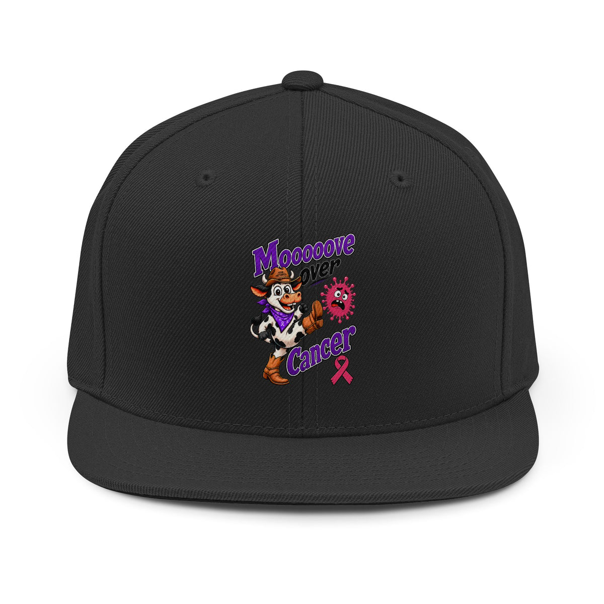 Black Moooove Over Cancer snapback hat with embroidered cow artwork and pink awareness ribbon