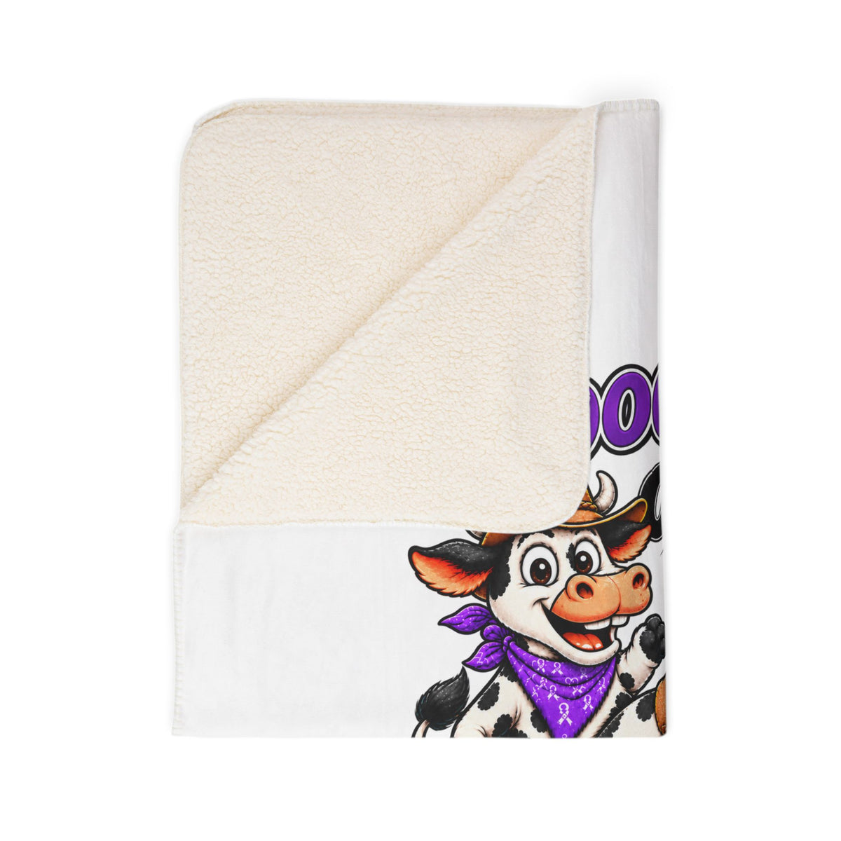Moooove Over Cancer blanket showing cream sherpa backing and cow design with Leukemia/Kidney Cancer ribbon