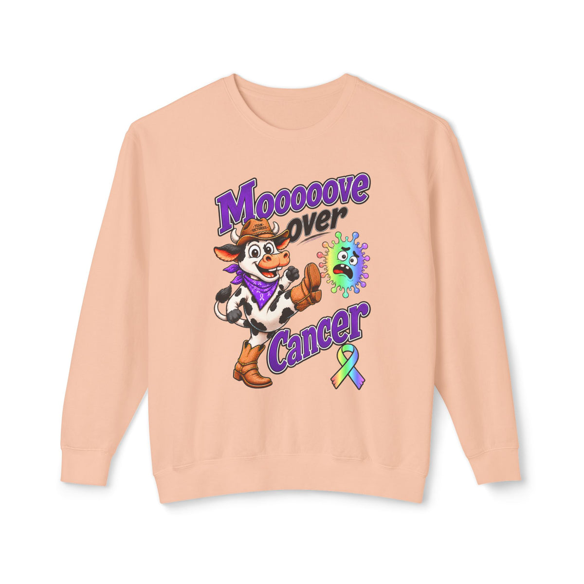 Moooove Over Cancer peach crewneck sweatshirt with colorful cow design and all-cancer awareness ribbon