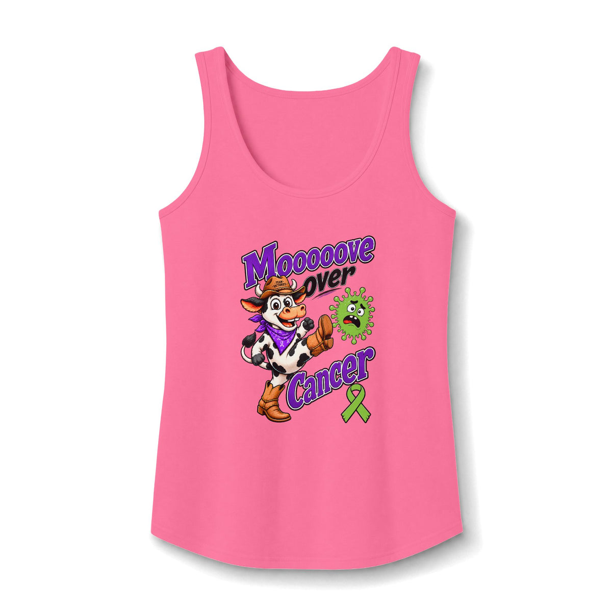 Moooove Over Cancer tank top in pink with cow graphic and lime Non-Hodgkin/Lymphoma Cancer awareness ribbon