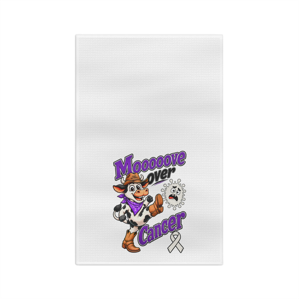 Moooove Over Cancer microfiber tea towel with colorful cow design and awareness ribbon
