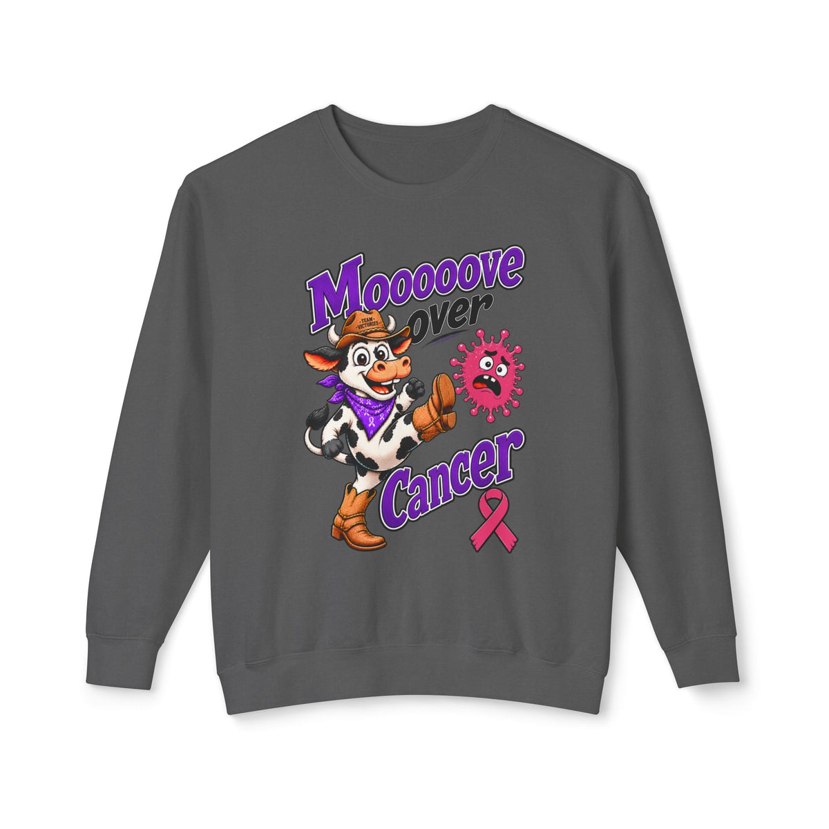 Close front view of Moooove Over Cancer cow artwork and pink Breast Cancer awareness ribbon