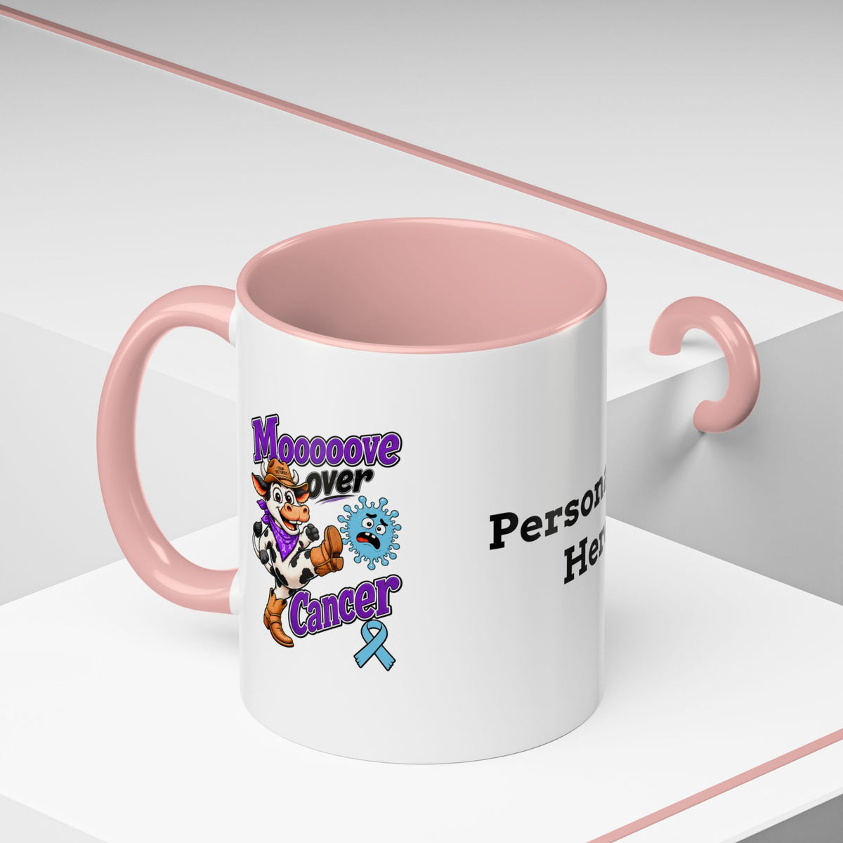 Moooove Over Cancer mug with red accent handle and colorful cancer support artwork