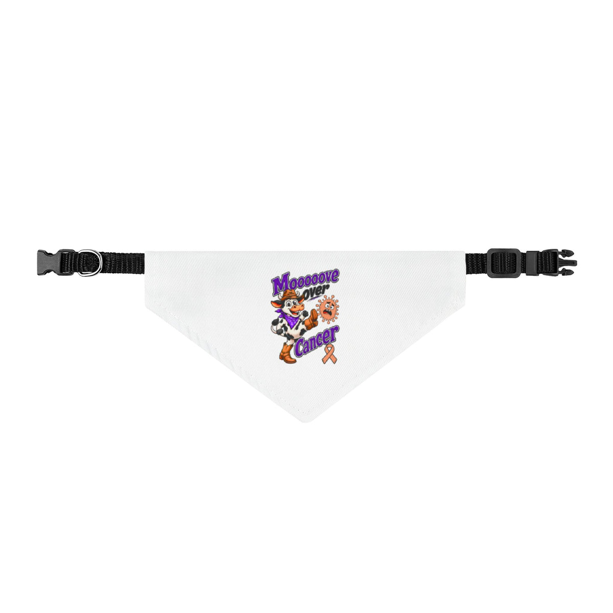 Moooove Over Cancer clip-on pet bandana with colorful awareness artwork and adjustable black strap