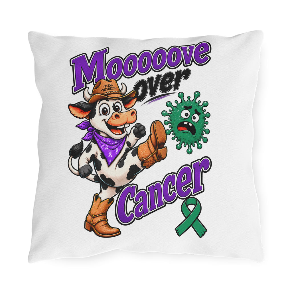 Moooove Over Cancer outdoor pillow with western cow, green ribbon, and bold colorful design